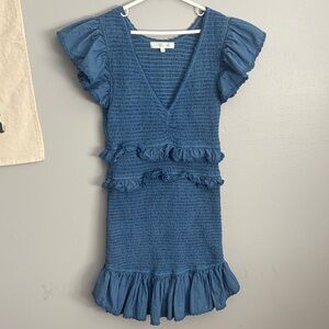 LoveShackFancy Blue Smocked Ruffle Mini Dress